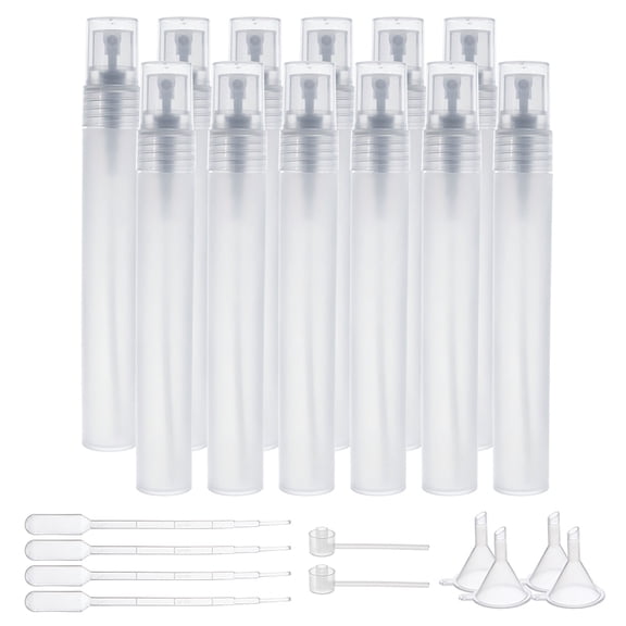 12PCS 30ml Mini Plastic Spritzer Bottle Frosted Fine Mist Spray Tubes 2PCS Transfer Pumps 4PCS Funnels and 4PCS Pipettes for Perfume Lotion Liquids