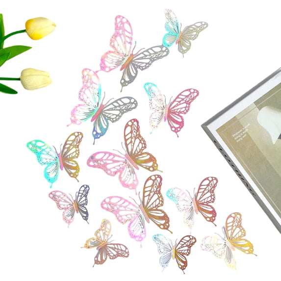 12PCS 3D Butterfly Wall Decals, Shimmering Metallic Butterfly Stickers for Bedroom Decor, Removable 3D Wall Art for Wedding Party Nursery Dorm Room, Multi-Size Colorful DIY Home Decoration