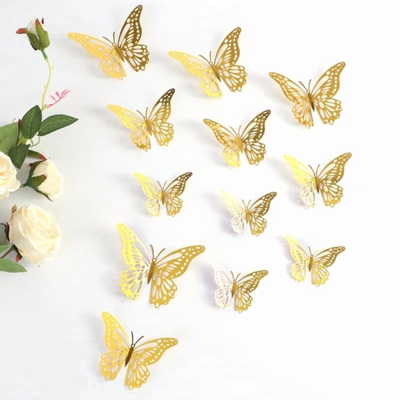 12PCS 3D Gold Butterfly Wall Decals, Hollow-Cut Metallic Stickers, Removable Decor for Bedroom, Wedding & DIY