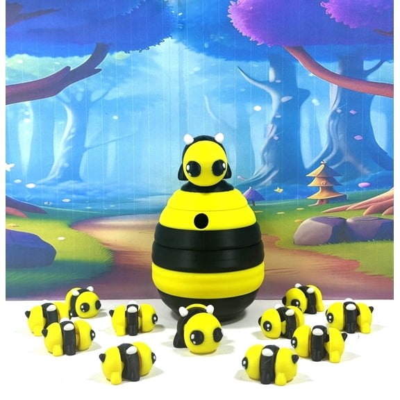 12PCS 3D Printed Articulated Mini Bumble bee with Egg Beehive, Fidget Mini Bumble bee Figures, Tiny Animal Figures, Birthday Party Decorations MABB001-YBE