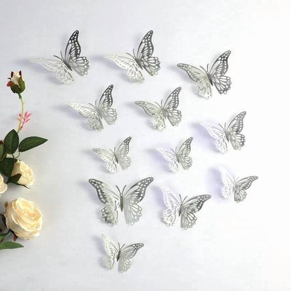 12PCS 3D Silver Butterfly Wall Decals, Hollow-Cut Metallic Stickers, Removable Decor for Bedroom, Wedding & DIY