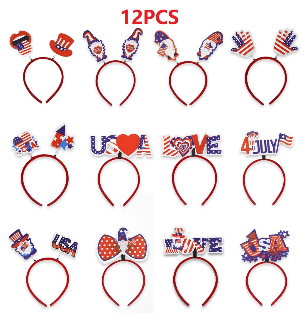 12PCS 4th of July Headband Independence Day Head Boppers Accessories American Flag Star Gnome Pattern Headwear Party Favor Decorations