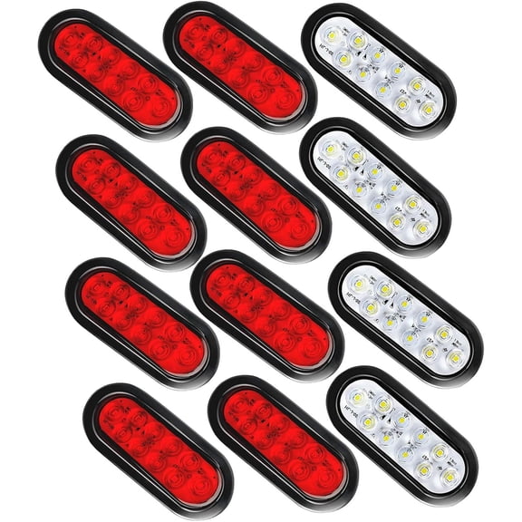 12PCS 6" Oval Tail Stop Brake Lights 10 LED Reverse Backup Turn & Marker Light Universal for Trailer Truck 12V, 8 Red 4 White