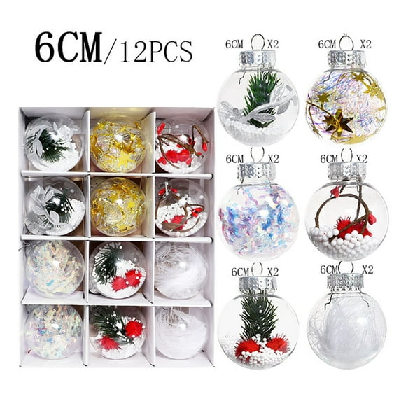 12PCS 60mm/2.36" Clear Plastic Christmas Balls Ornaments, Transparent Xmas Tree Hanging Decorations with Artificial Snow Pine Cones Berries for Holiday Party, Home, Garden, Window and Festival Décor