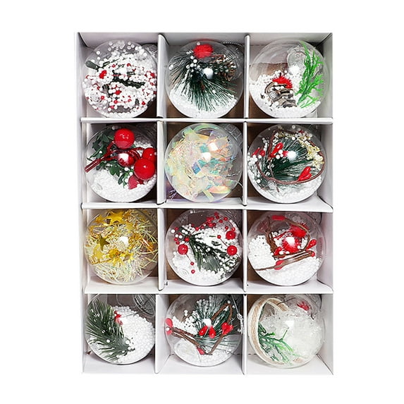 12PCS 60mm/2.36" Clear Plastic Christmas Balls Ornaments, Transparent Xmas Tree Hanging Decorations with Artificial Snow Pine Cones Berries for Holiday Party, Home, Garden, Window and Festival Décor
