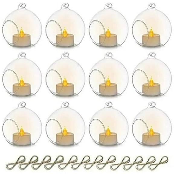12PCS 6CM Round Hollow Glass Hanging Stand Candle Holder Wedding Art Decoration Table Lantern with Electronic Candles