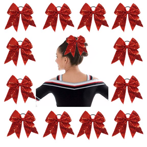 12PCS 7" Large Glitter Cheer Hair Bows Ponytail Holder Elastic Band Handmade for Cheerleading Teen Girls Sports Red