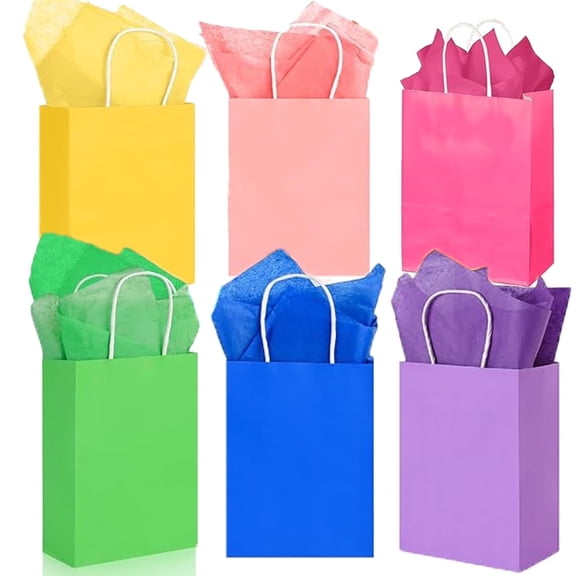 12PCS 8" Party Favor Goodie Bags Kraft Small Gift Bags With 12 Tissues (Rainbow)