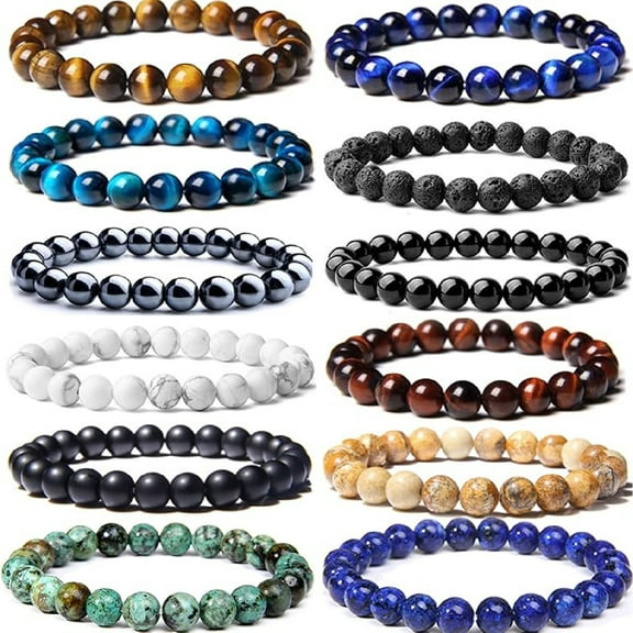 12PCS 8mm Semi-Precious Gemstones Beaded Bracelets for Men Women Tiger Eye Lava Rock Crystal Stone Bead Bracelets Set
