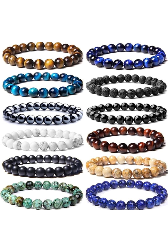 12PCS 8mm Semi-Precious Gemstones Beaded Bracelets for Men Women Tiger Eye Lava Rock Crystal Stone Bead Bracelets Set