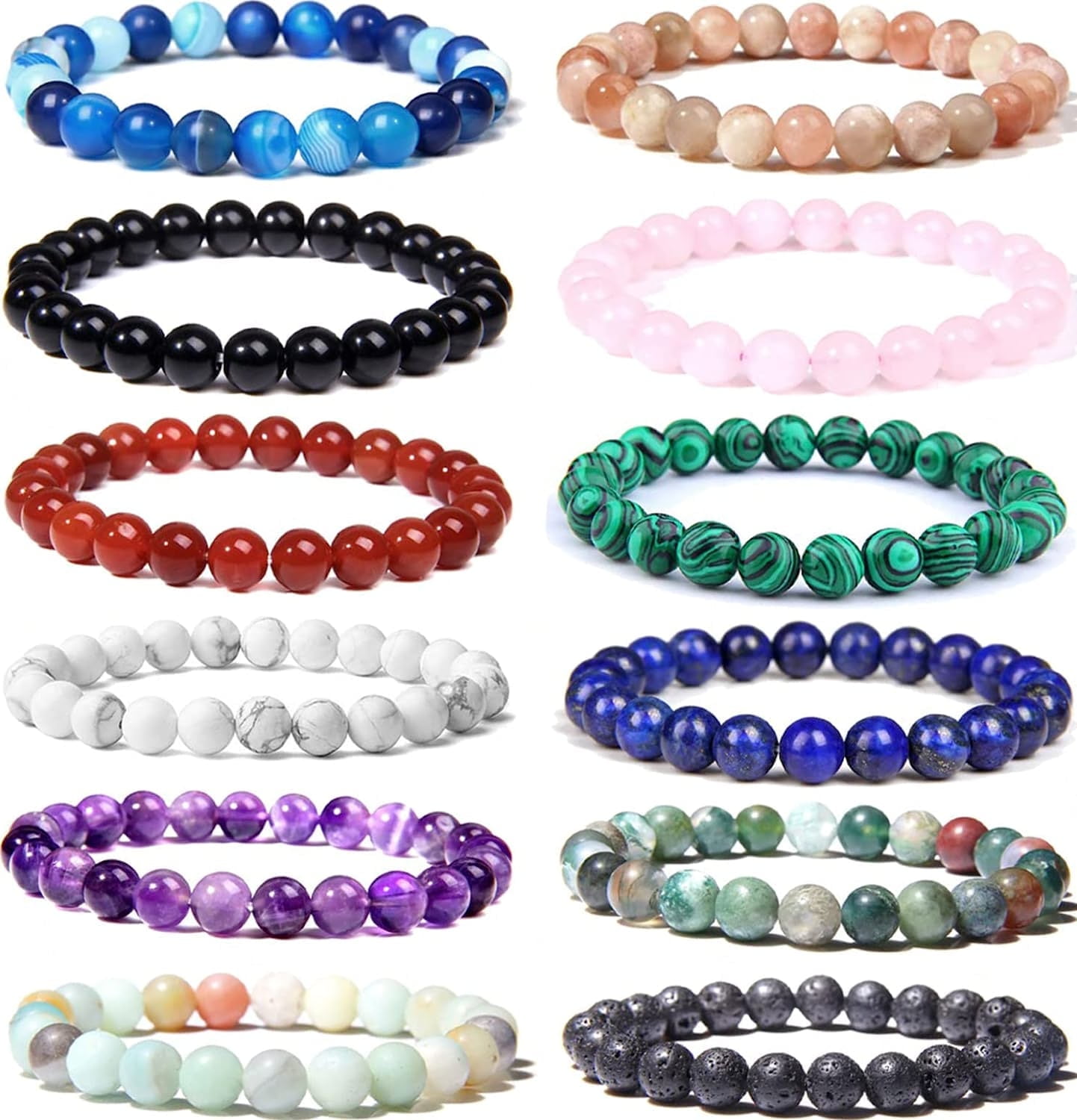Nelbons 12PCS 8mm Semi-Precious Stone Bead Bracelets, Elastic