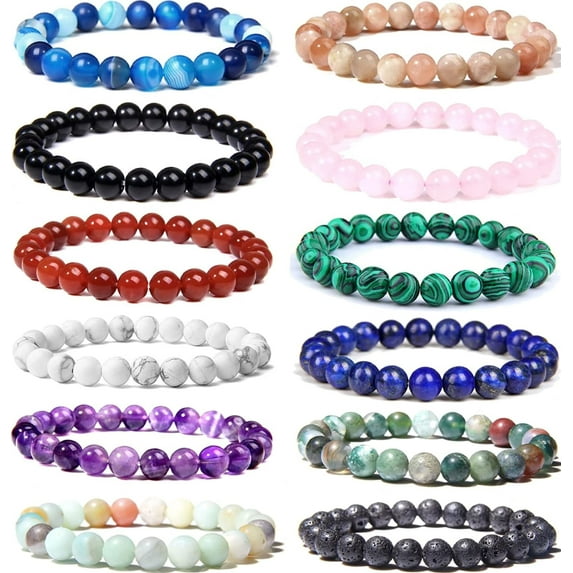 12PCS 8mm semi-precious stone bead bracelet, elasticated round crystal gemstone bracelet for man woman treatment, unisex.