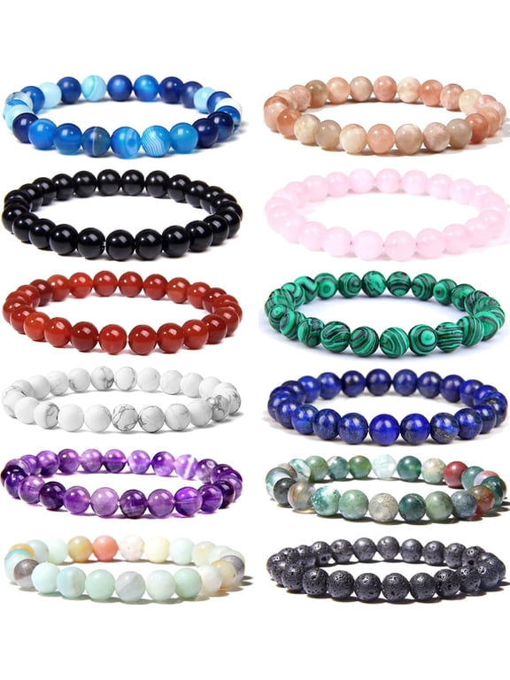 12PCS 8mm semi-precious stone bead bracelet, elasticated round crystal gemstone bracelet for man woman treatment, unisex.