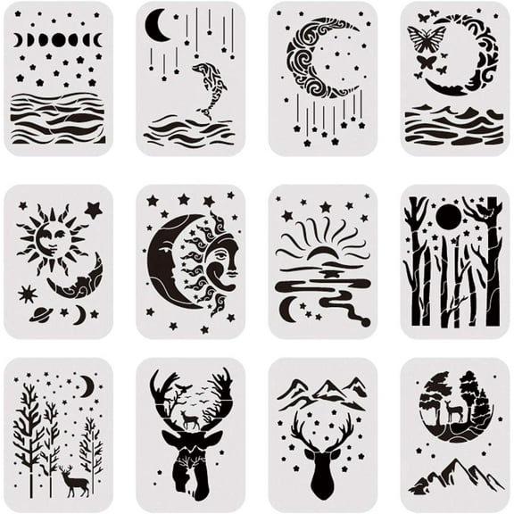 12PCS 8x12 Inches Mountains Rivers Trees Pattern Template Stencil Moon Star Elk Painting Stencil for Art Craft Painting Scrabooking and Decoration