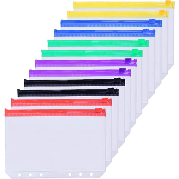 12PCS A5 Binder Pockets 6-Hole Budget Cash Envelopes for 6-Ring Binder, Multicolor Zipper Pouches Planner Inserts, Money Organizer Bags Savings Challenge Stuffing