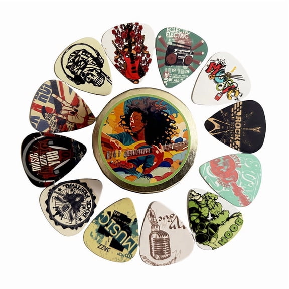 12PCS ABS Guitar Picks with Metal Box - Colorful Printed Plectrums for Electric/, Guitar Accessories Gift Set 0.71mm,12 x Guitar Picks,Mixed Color