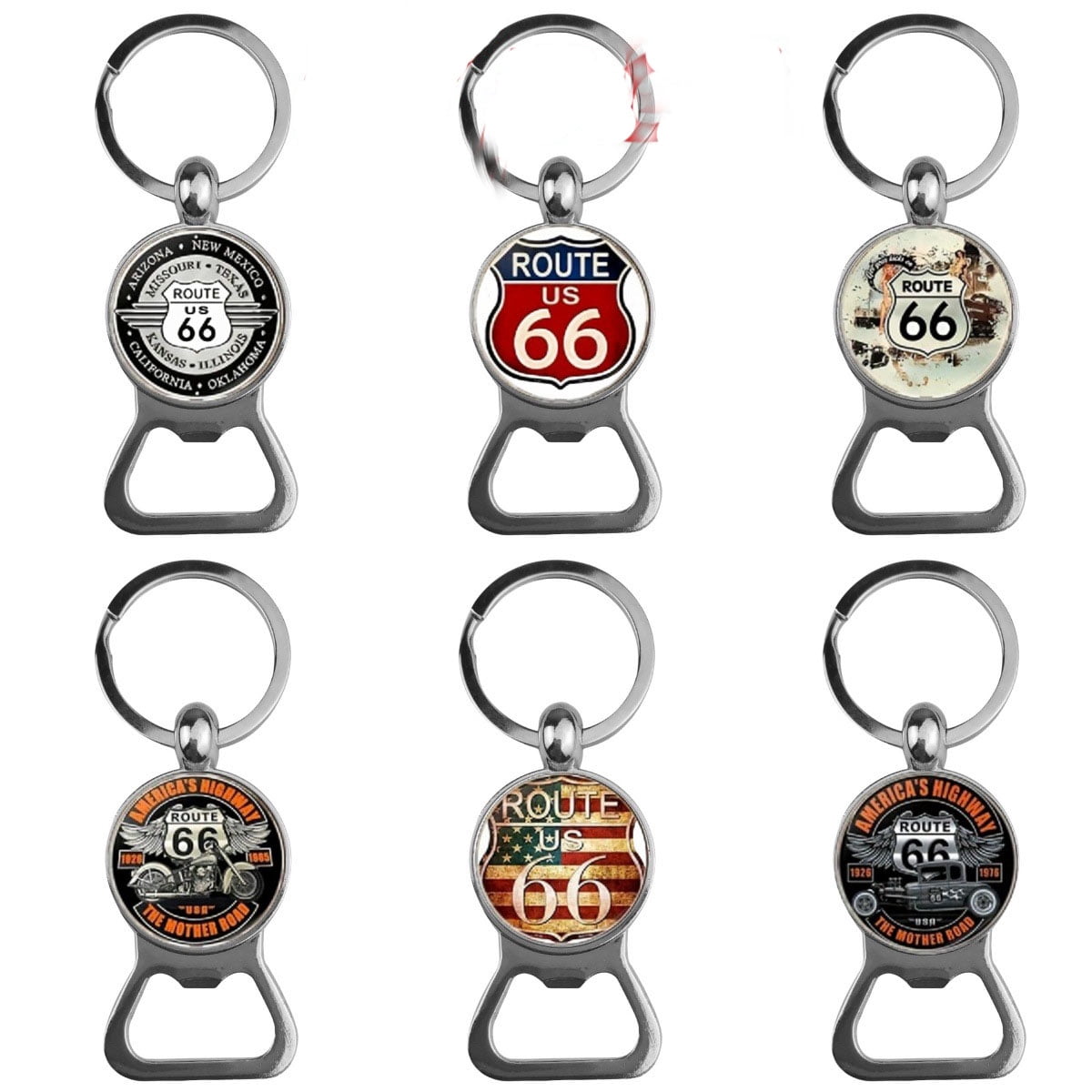 12PCS American Route 66 Bottle Opener Keychain Fashion Classic Key Ring with Round Glass Style