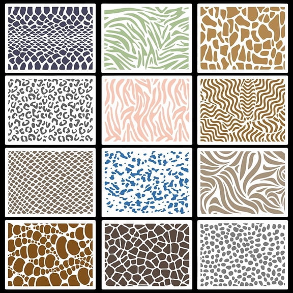 12PCS Animal Skin Templates 21x15cm Leopard Painting Stencils Zebra Cheetah Milk Cow Snake Skin Stripe Crackle Texture Stencil Reusable Drawing Templates for Wood Tile Floor Canvas Decor