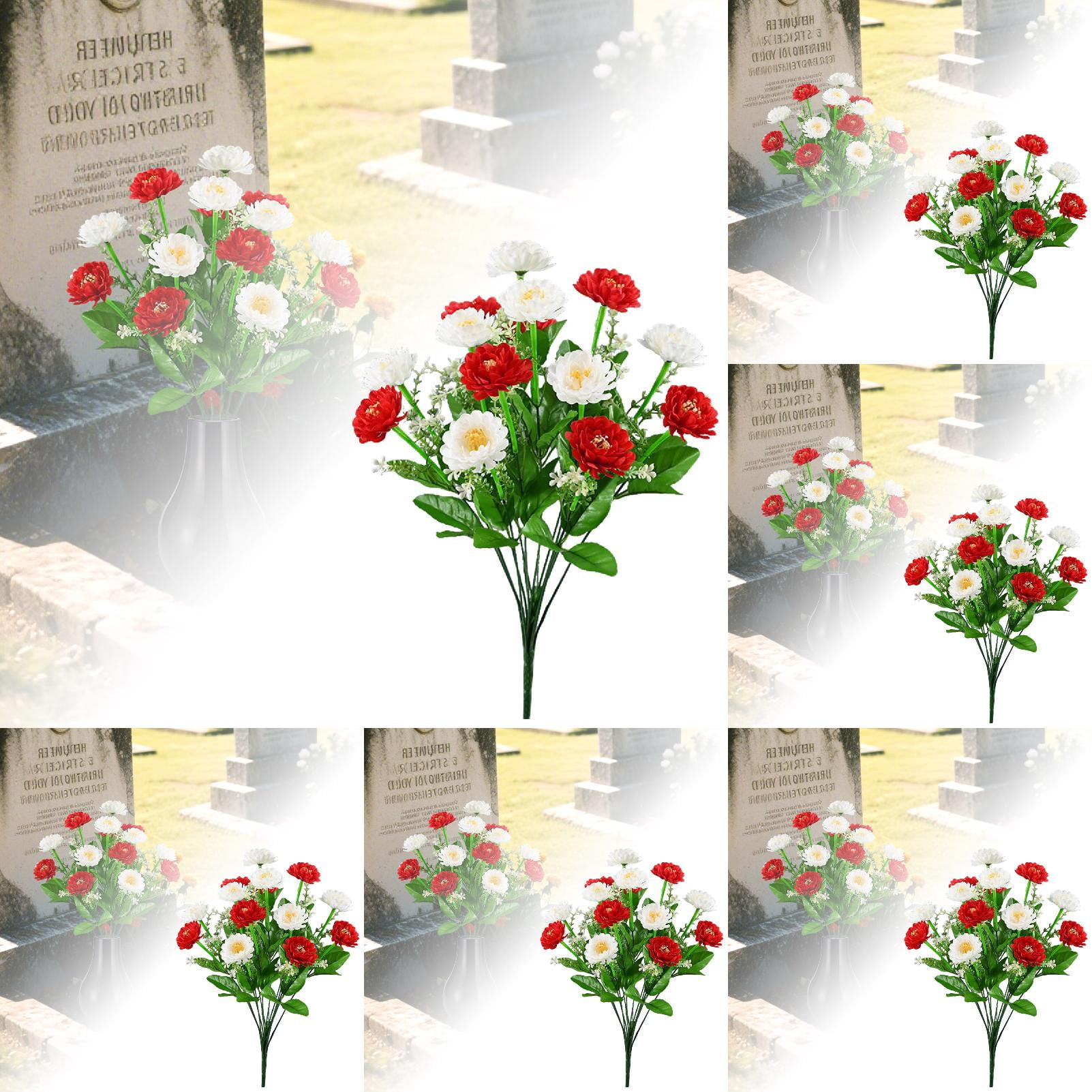 12PCS Artificial Cemetery Flowers for Graves - Durable Silk Floral Arrangements for Outdoor Headstones, Memorial Decor, Funeral Flowers (Rose, Lily, Chrysanthemum) All Season Grave Decorations