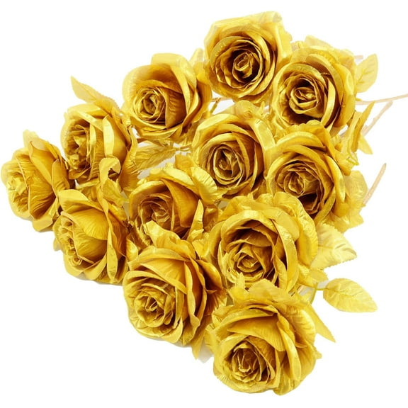 12PCS Artificial Gold Roses Flowers,Single Fake Silk Rose Flower with Short Stem Suitable for Family Wedding Party Decoration