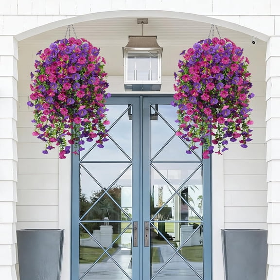 12PCS Artificial Hanging Plants Outdoors Fuchsia Fake Baskets with Petunias Porch Balcony Garden Decor