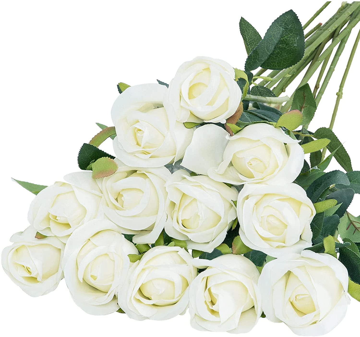 12PCS Artificial Silk Flowers Realistic Roses Bouquet Long Stem for Home Wedding Decoration Party (White)