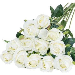 12PCS Artificial Silk Flowers Realistic Roses Bouquet Long Stem for Home Wedding Decoration Party (White)