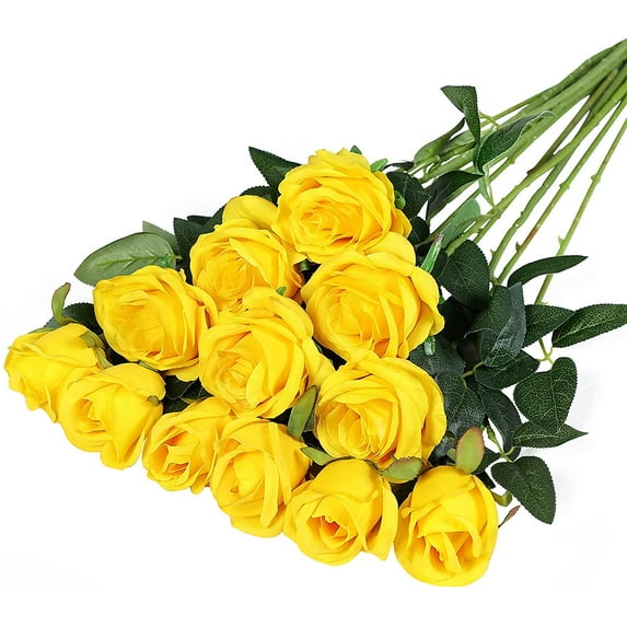 12PCS Artificial Silk Flowers Realistic Roses Bouquet Long Stem for Home Wedding Decoration Party (Yellow)
