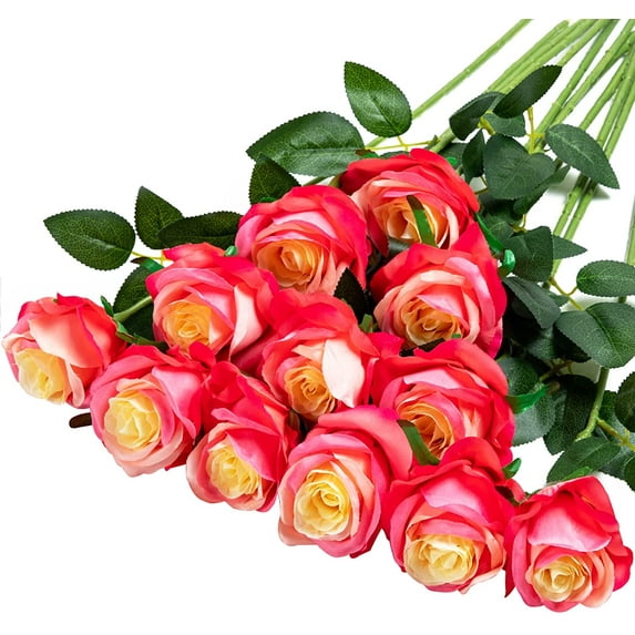 12PCS Artificial Silk Flowers Realistic Roses Bouquet Long Stem for Home Wedding Decoration Party (Yellow)