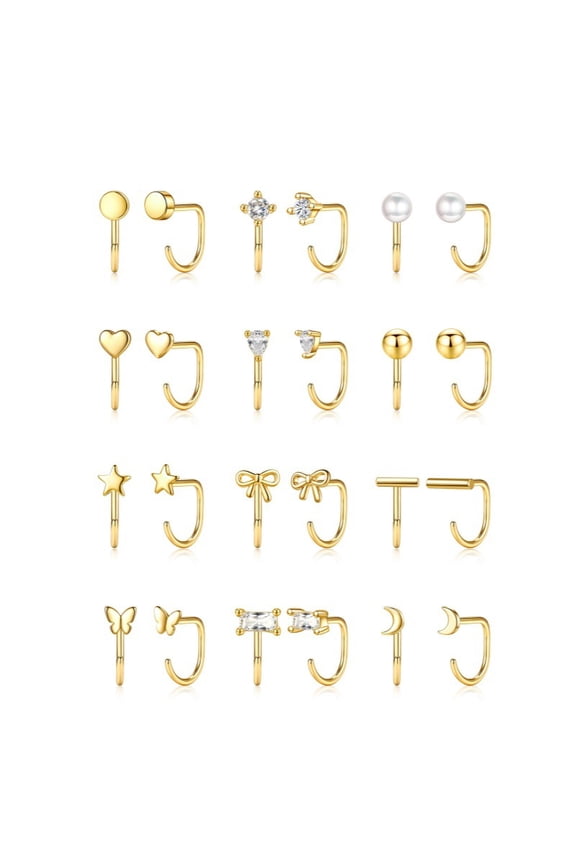 12PCS Backless Hoop Earrings Set for Women, Hypoallergenic Gold Plated Cartilage Hoop Earrings, Stackable, Lightweight Huggie Ear Piercing Jewelry for Lobe, Daily Wear, Sleep Friendly