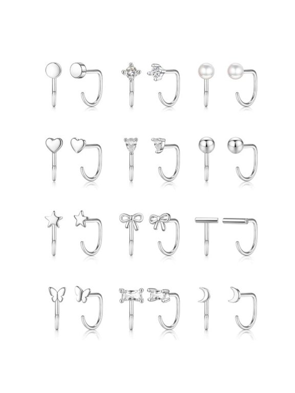 12PCS Backless Hoop Earrings Set for Women, Hypoallergenic Plated Steel Cartilage Hoop Earrings, Stackable, Lightweight Huggie Ear Piercing Jewelry for Lobe, Daily Wear, Sleep Friendly