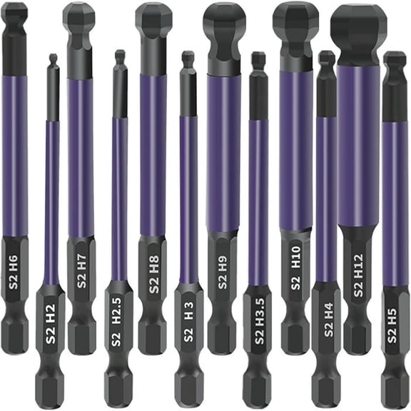 12PCS Ball End Allen Key Bit Set, S2 Steel 1/4” Hex Shank Magnetic Allen Wrench Screwdriver Bits for Assembling Furniture, Phosphating Treatment H2-H12, Length 75mm