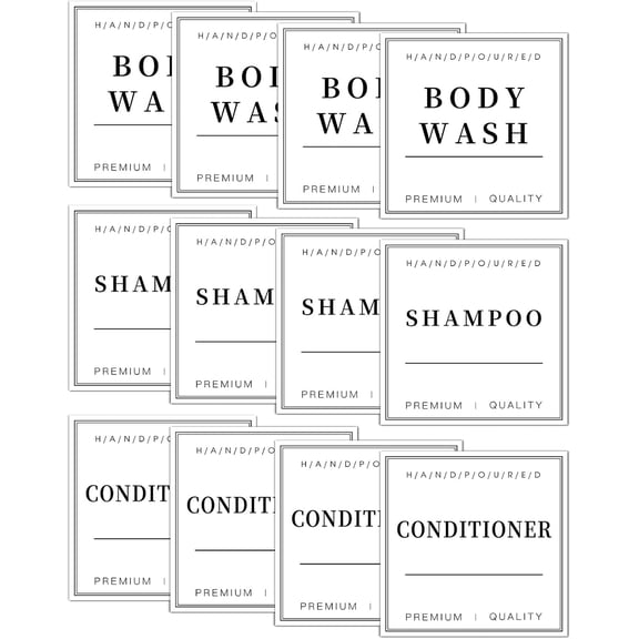 12PCS Bathroom Organization Labels, Waterproof Soap Dispenser Label Stickers for Glass/Plastic Bottles, Removable Cleaning Labels for Body Wash Shampoo and Conditioner
