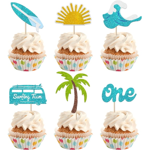 12PCS Beach Glitter Cupcake Toppers, Surfboard, Palm Tree, Wave, "One" for Summer 1st Birthday Party