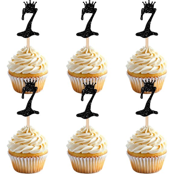 12PCS Black Glitter "7" Cupcake Toppers with Crown, 7th Birthday Party Supplies