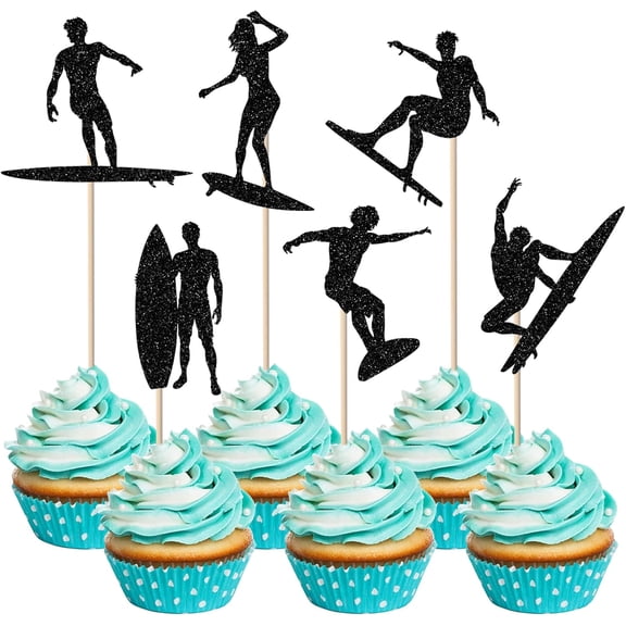 12PCS Black Glitter Male Surfer Cupcake Toppers, Beach & Surf Party Decorations