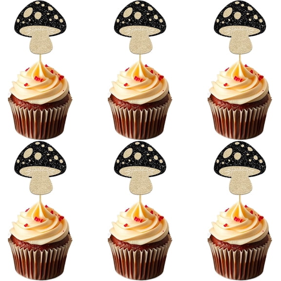 12PCS Black Glitter Mushroom Cupcake Toppers, Enchanted Forest Themed Cupcake Picks, Gothic Woodland Party Decorations