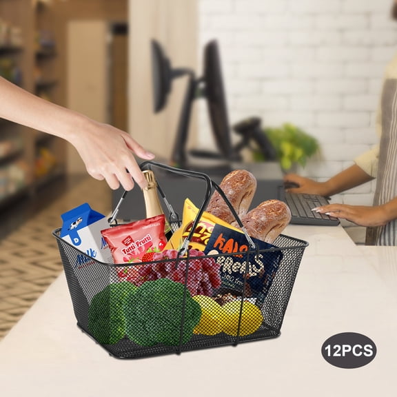 12PCS Black Metal Shopping Baskets with Handles, Portable Wire Mesh Basket Set with Stand for Retail Stores