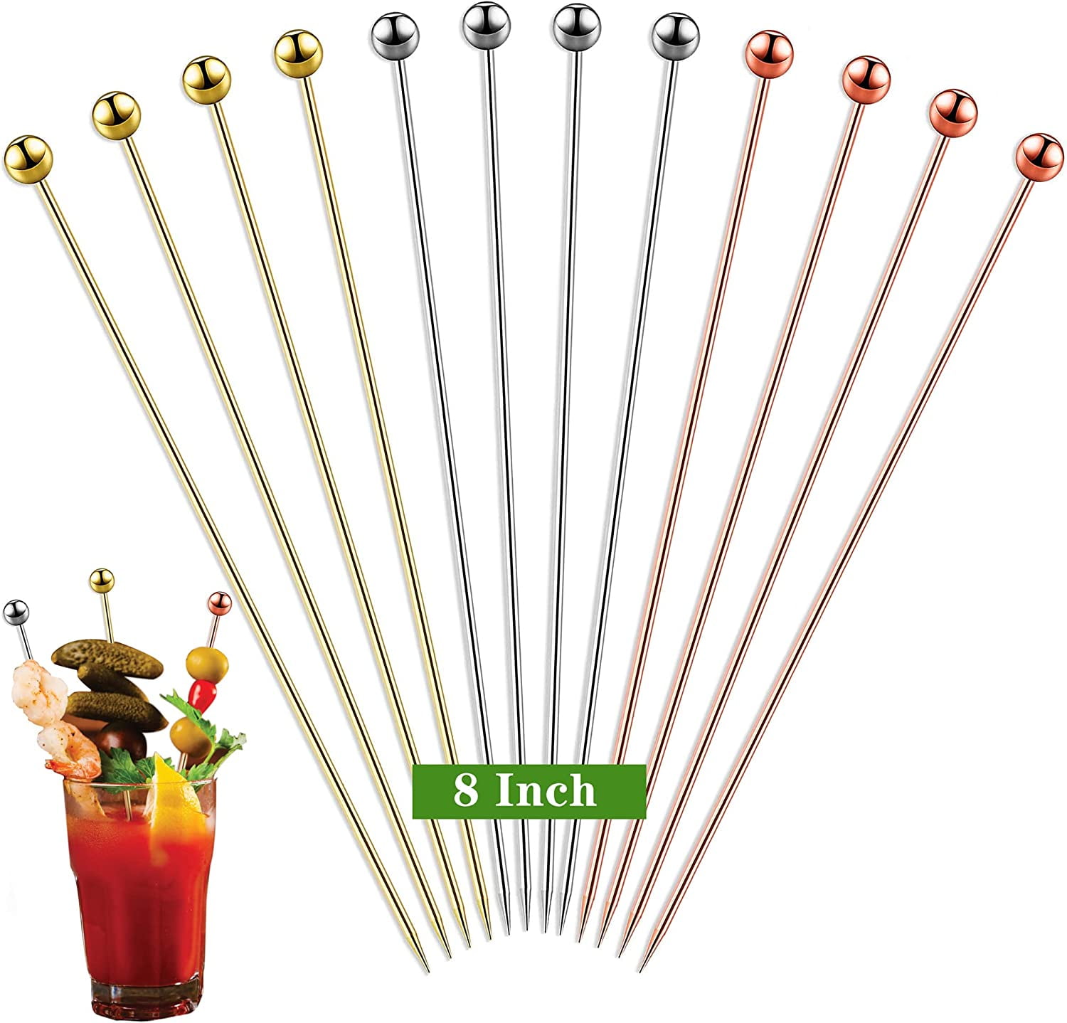12PCS Bloody Mary Skewers Gift Set, 8 Inch Stainless Steel Cocktail Picks Metal Bloody Mary Accessories, Reusable Cocktail Skewers Bar Toothpicks for Drinks