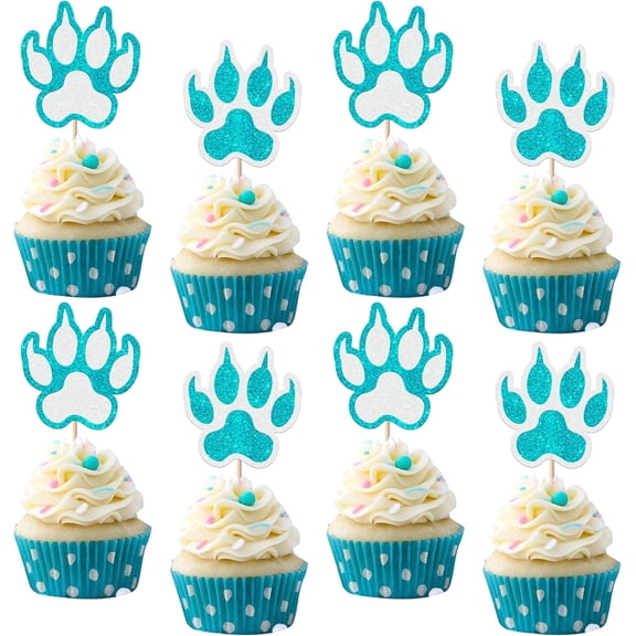 12PCS Blue & White Glitter Paw Print Cupcake Toppers, Animal Themed Party Decorations