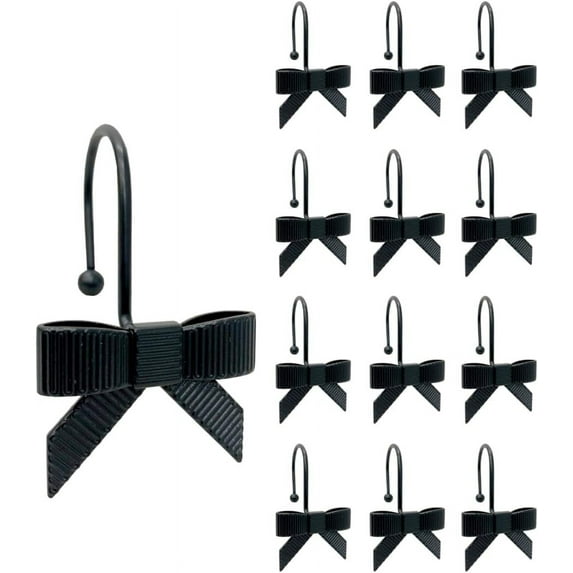 12PCS Bow Shower Curtain Hooks, Decorative Bow Curtain Hooks for Bathroom, Rust-Proof Metal Shower Rings, Stylish Bows for Shower Curtain, Nursery & Baby Room Decor (Black)