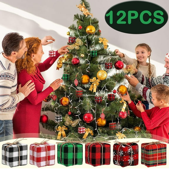 12PCS Buffalo Plaid Christmas Tree Ornaments Small Gift Boxes Hanging Decorations Mini Gift Boxes Christmas Hanging Ornaments for Xmas Tree Party Decor