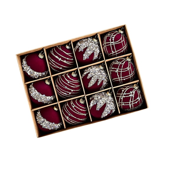 12PCS Burgundy Christmas Balls Ornaments - Christmas Tree Decoration Four Styles of 60mm/2.36'' shatterproof Christmas Ball Decorations - Suitable for Christmas, Parties