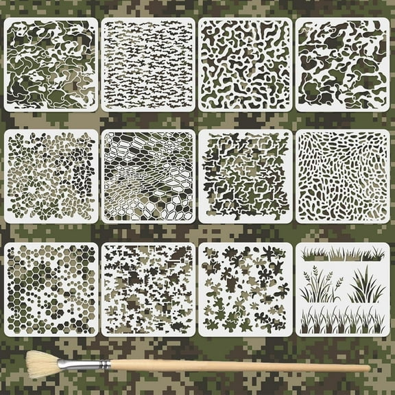 12PCS Camo Stencil for Spray Paint 11.8 x 11.8 Inch Camouflage Stencils with Brushes Reusable Grass Pattern Stencils Large Camouflage Painting Templates Camo Print Stencils for DIY Crafts