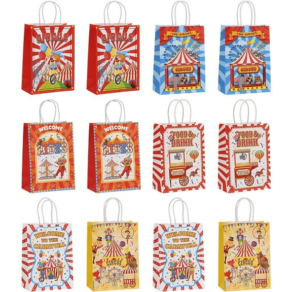12PCS Cartoon Circus Theme Kraft Paper Gift Packaging Bag Children For Candy Snack Storage Birthday Party Favors