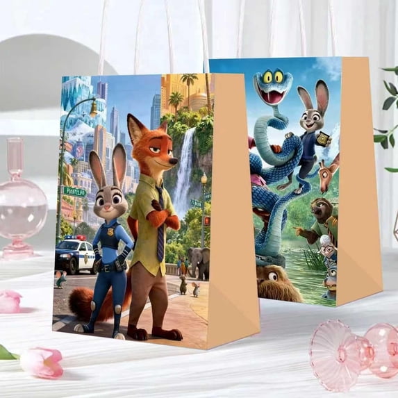 12PCS Cartoon City Animal Themed Party Gift Bags with Handles, Kraft Paper Treat Bags for Kids Birthday Party, Candy Snack Favor Bags for Festivals and Celebrations