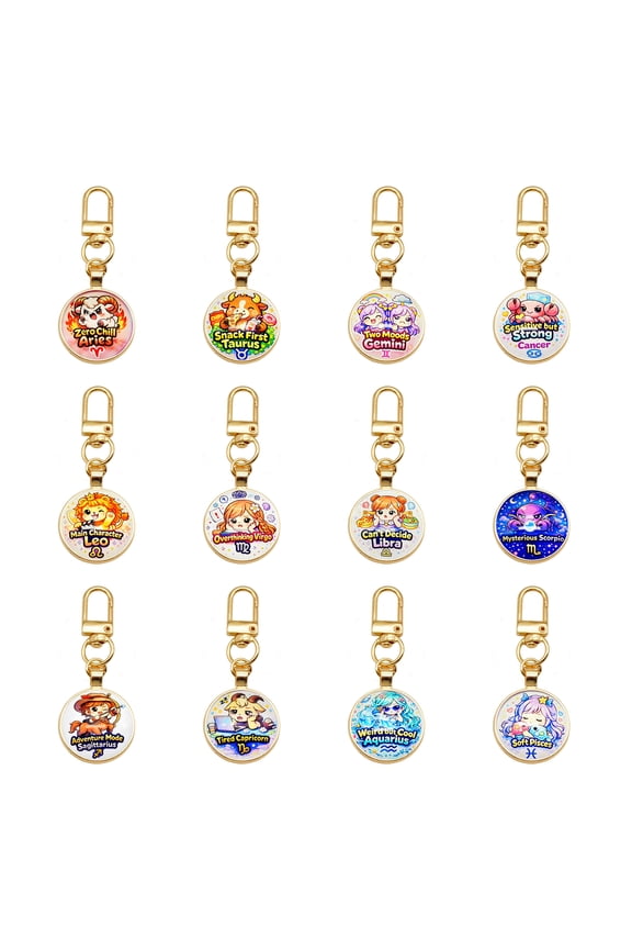 12PCS Cartoon Zodiac Keychains - Gold Plated Lobster Clasp Constellation Charms with Funny Personality Slogans, Horoscope Sign Bag Pendants for Birthday Gifts & DIY Jewelry Making