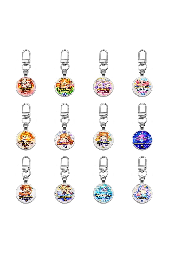 12PCS Cartoon Zodiac Keychains - Silver Plated Lobster Clasp Constellation Charms with Funny Personality Slogans, Horoscope Sign Bag Pendants for Birthday Gifts & DIY Jewelry Making