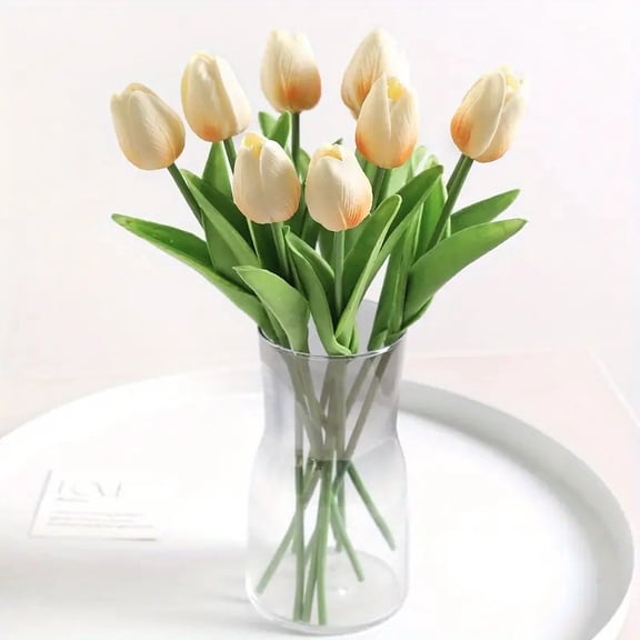 12PCS Champagne Tulips Artificial Flowers, Real Touch Latex Faux Tulips with Large Full Buds, Lifelike Vibrant Fake Tulips Bouquet for Spring Wedding Home Décor, Table & Party Centerpiece