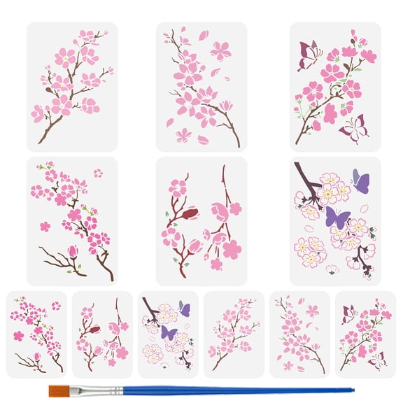 12PCS Cherry Blossom Branch Stencils 8.3x11.7/5.5x7.9 Inch Cherry Blossom Flower Template Flower and Petals Butterflies Pattern Stencils with a Brush
